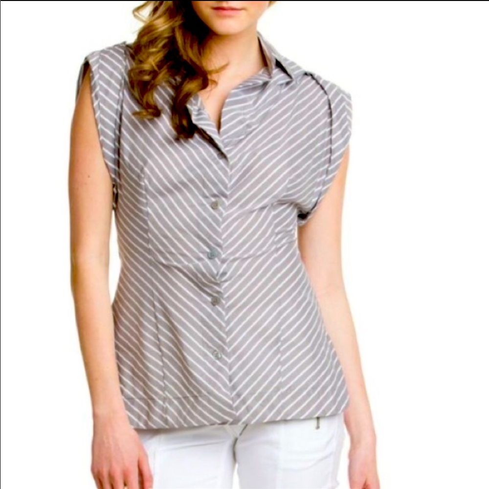 L.A.M.B. Classic Gwen look! Gray white striper blouse